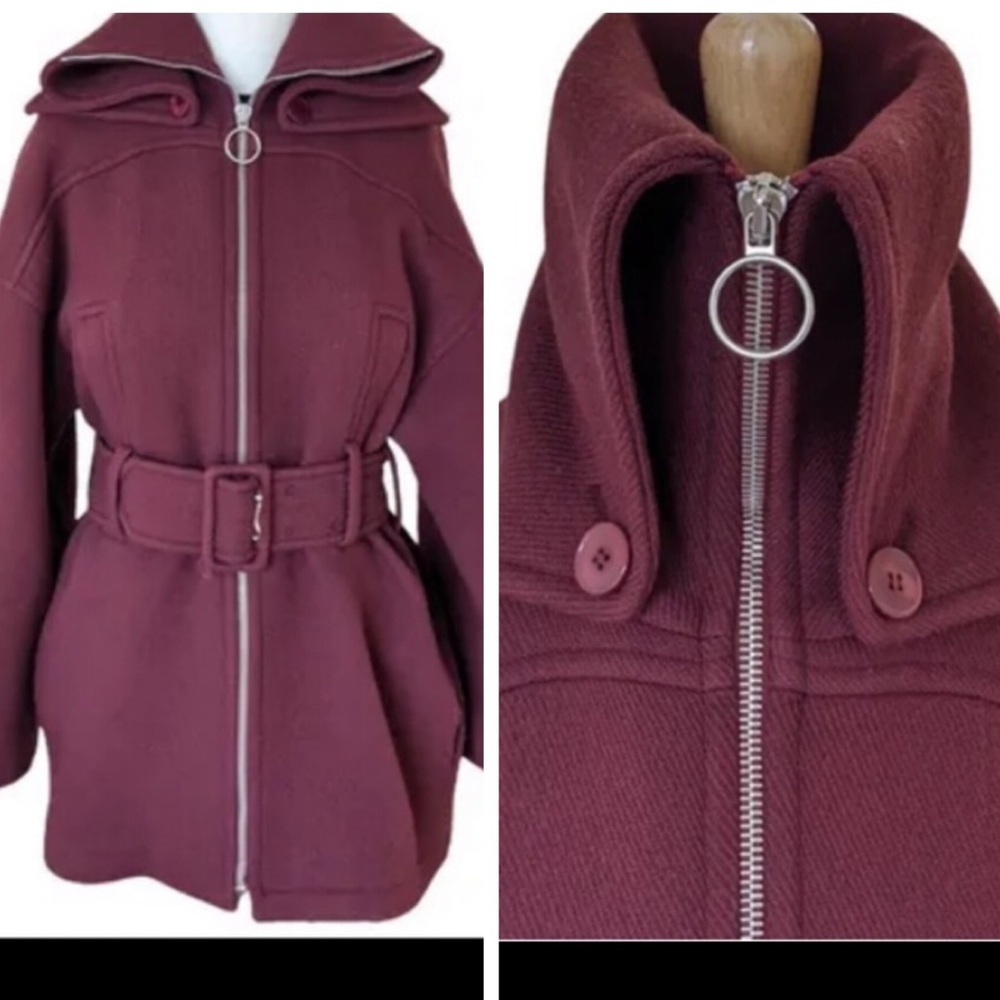 CARVEN France Oversized Wool Coat Jacket Belt Zip Front Hood Collar Pockets Rare